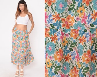 Tiered Floral Skirt Y2K Bright Maxi Skirt Flower Print Boho 00s Long Vintage Hippie Pocket Skirt Rayon Blue Orange Pink Small