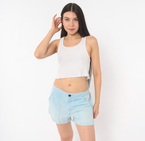 80s Light Blue Cotton Shorts Elastic Waist Sky Powder Button Casual Summer Camp Trail Hiking Outdoor Vintage Women Bottoms Medium Large M L