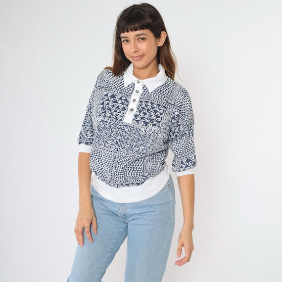 Vintage Geometric Top 90s Patchwork Dolman Sleeve Polo Shirt Pullover Quarter Button Up Collared Blue White 1/2 Sleeve 1990s Retro Medium