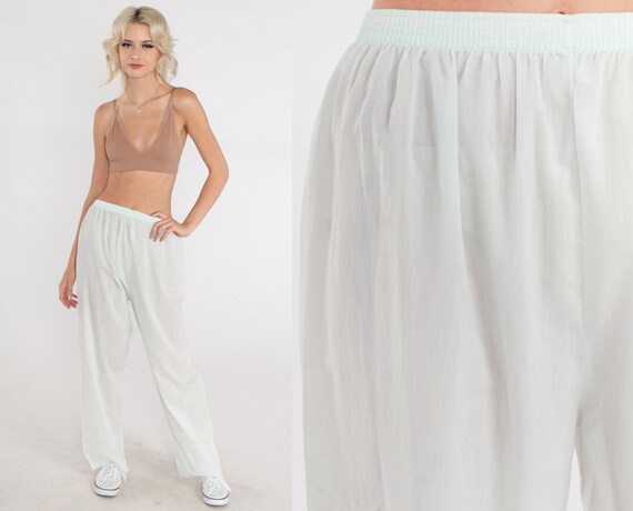 Pale Mint Pants 80s Tapered Straight Leg Pants High Elastic Waist Trousers Light Pastel Green Slacks Cotton Blend Vintage 1980s Small Medium