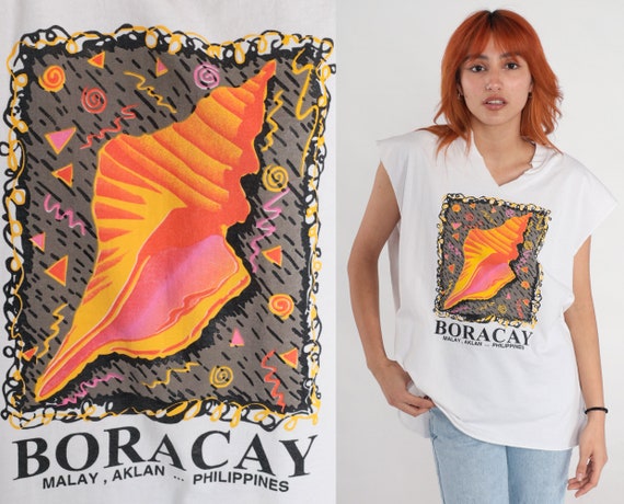 Boracay Philippines Shirt 00s Seashell Graphic Tank Top Tropical Filipino Muscle Tee Surfer Asia Beach T Shirt Y2K White Large xl l