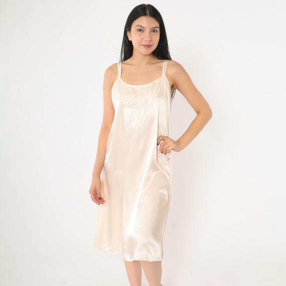 Floral Embroidered Slip Dress 90s Soft Baby Pink Satin Chemise Lingerie Vintage Nightgown Midi Spaghetti Strap Sleep Dress Sexy Medium