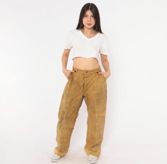 1920s Drybak Hunting Pants Mustard Cotton Button Fly Work Trousers High Waist Straight Leg Tan Antique Workwear Utility Wide Leg Medium M