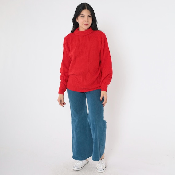 Vintage Red Turtleneck Sweater 80s Textured Patchwork Knit Retro Pullover Cableknit Jumper Cozy Turtle Neck 1980s Acrylic Medium M