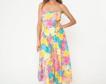 90s Floral Sundress Yellow Pink Blue Strapless Sweetheart Neckline Maxi Smocked Bodice Basque Waist Cotton Summer Beach Boho Vintage Large L