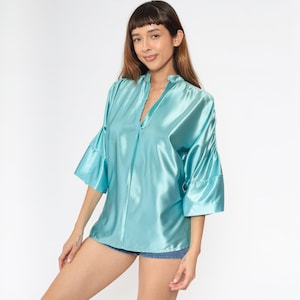 70s Shiny Blue Shirt 3/4 Sleeve Collared Mandarin Collar Shirt 1970s V Neck Blouse Ruched Collar Retro Tee Vintage Seventies Top Small S