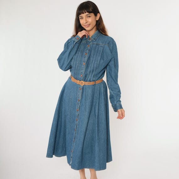 90s Denim Midi Dress Blue Jean Shirtdress Button Up Pleated High Waist Belt Collared 1990s Normcore Vintage Retro Long Sleeve Large 14