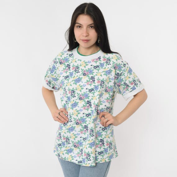 Vintage 90s Floral T Shirt Ringer Tee White Green Blue Rose Shirt Cuffed Short Sleeve Retro TShirt Graphic Print 1990s Extra Large xl