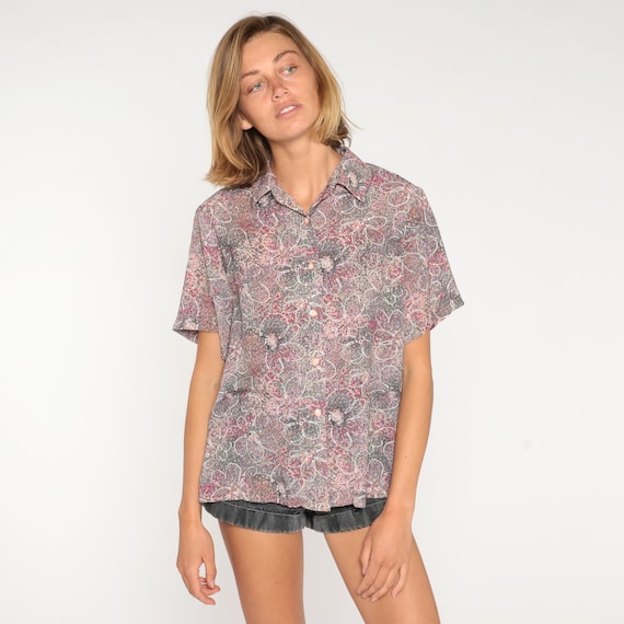 Sparkly Floral Blouse 90s Metallic Button Up Shirt Collared Flower Print Top Retro Boho Hippie Bohemian Short Sleeve Vintage 1990s Large L
