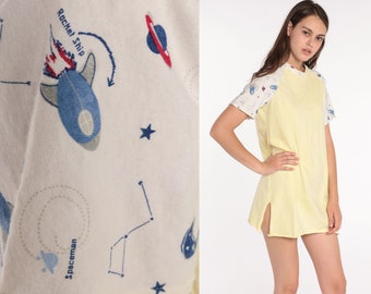 Outer Space Pajama Dress Rocket Ship Nightgown Celestial Galaxy Nightie 80s Graphic Retro Tshirt Mini Yellow Small