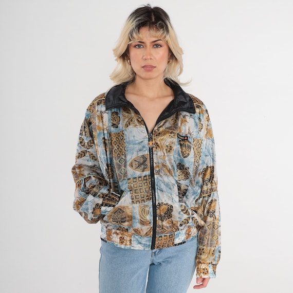 Vintage 80s Ellesse Windbreaker Jacket Blue White Marble Print Bomber Jacket Gold Geometric Floral Mask Pattern Retro Zip Up Jacket 1980s XS