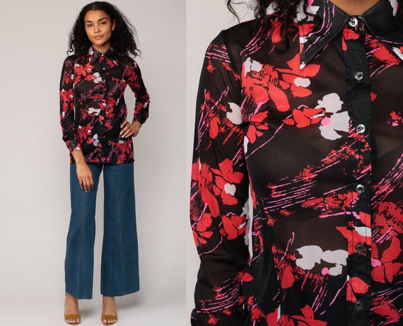 Floral Blouse 70s Boho Top Semi Sheer Button Up Shirt Black Bohemian Long Sleeve 1970s Vintage Boho Hippie Romantic Small