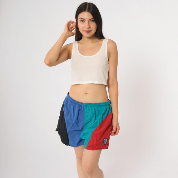 Colorblock Gym Shorts 80s Club Brand Athletic Wear Red Blue Teal Black Running Track Sport Mesh Lined High Rise Elastic Waist Large L