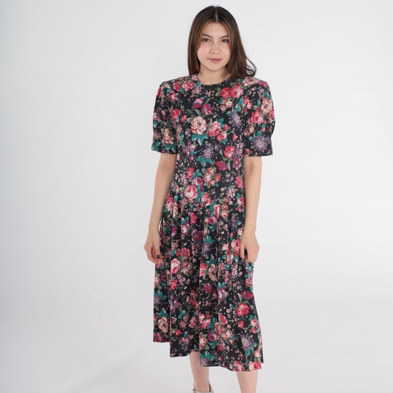 80s Floral Dress Midi Dress Puff Sleeve Dress Summer Dress Granny Full Skirt Drop Waist 1980s Short Sleeve Pink Vintage Extra Small xs