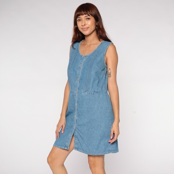 Denim Mini Dress 90s Empire Waist Jean Overall Dress Retro Button Up Jumper Sleeveless Blue Grunge Pinafore Vintage 1990s Cotton Medium M