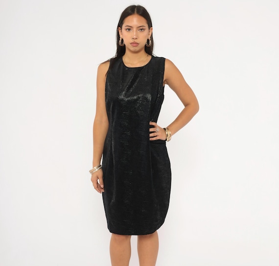 Snakeskin Embossed Shift Dress 90s Black Sleeveless Reptile Keyhole Back Cocktail Party Evening Going  Out Club Robbie Bee Vintage Large L