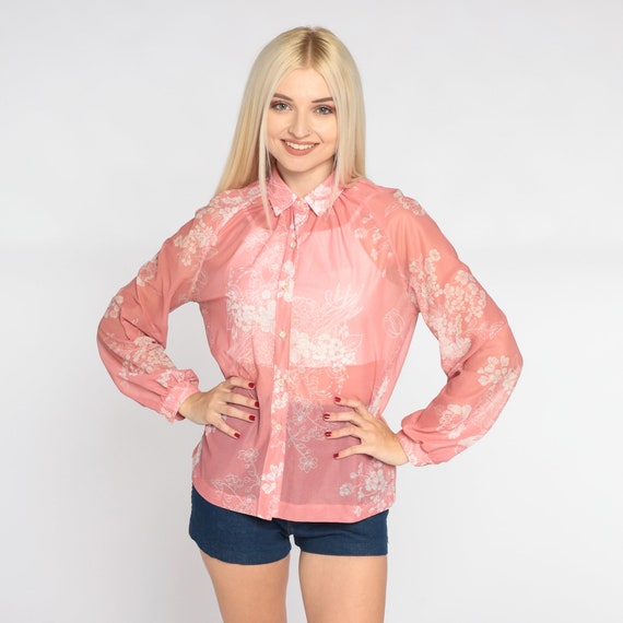 Sheer Floral Blouse 70s Pink Button up Top Retro Long Sleeve Flower Print Bohemian Feminine Hippie Romantic Seventies Vintage 1970s Medium M