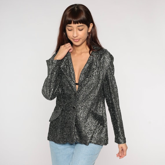 70s Sparkly Jacket Metallic Blazer Disco Party Cocktail Button Up Boho Formal Glitter Formal Sparkly Glam Silver Black Vintage 1970s Medium