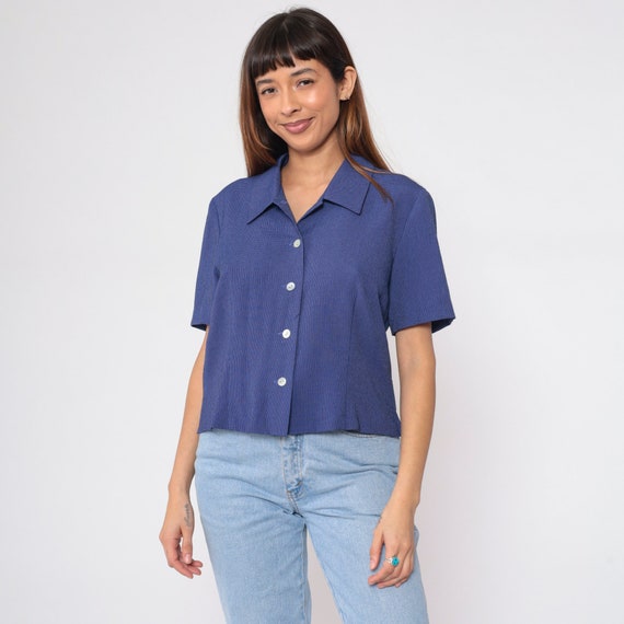 Blue Checkered Blouse 90s Button up Shirt Short Sleeve Collared Top Check Print Preppy Casual Summer Boho Retro Simple Vintage 1990s Large L