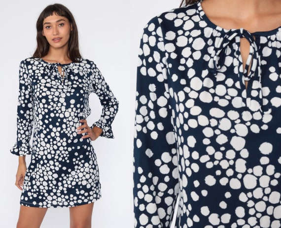 Mod Mini Dress POLKA DOT Dress 70s Shift Blue White Print Twiggy 60s Vintage Keyhole Minidress Gogo Long Ruffle Sleeve Go Go Sixties Medium