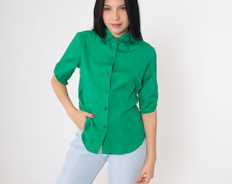 90s Kelly Green Blouse Button Up Top Retro Basic Plain Ruched Short Sleeve Collared Shirt Preppy Simple Fitted Vintage 1990s Medium
