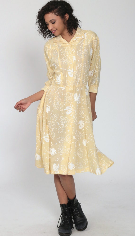 80s Floral Dress Yellow Midi Dress Dolman Sleeve … - image 2