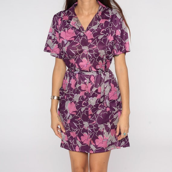 Purple Floral Dress Mod Shift Dress 70s Mini Butt… - image 8