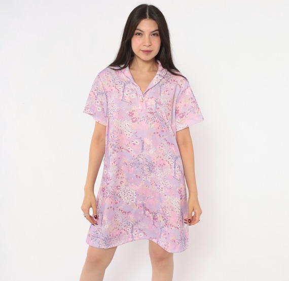 70s Floral Shift Dress Pink Lavender Watercolor Print Button Front Collar Short Sleeve A Line Mini Lilac Vintage Extra Large XL