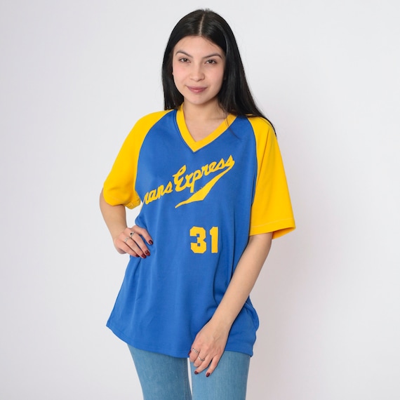 70s Baseball Shirt Trans Express Tshirt Steve Number 31 Ringer Tee Graphic 1970s Vintage V Neck T Shirt Yellow Blue Raglan Sleeve Medium