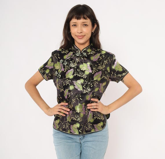 Brocade Cheongsam Top Black Purple Floral Mandarin Collar Frog Closure Qipao 90s Satin Olive Gold Leaf Print Plus Size Extra Extra Large XXL
