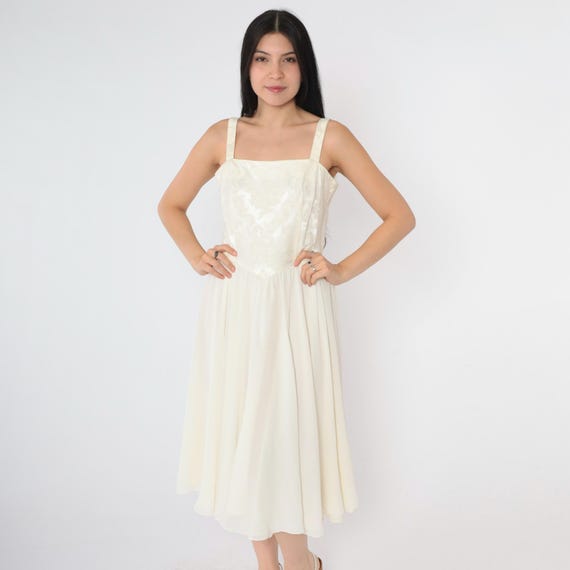 Vintage 80s Ivory Party Dress Sleeveless Chiffon Skirt Floral Jacquard Basque Waist Midi Formal Gown Wedding Guest 1980s Square Neck Small S