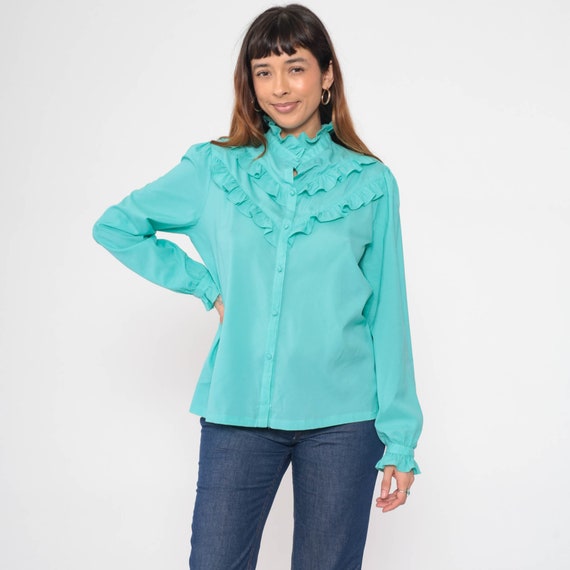 Turquoise Ruffled Blouse 70s Puff Sleeve Shirt Bu… - image 5