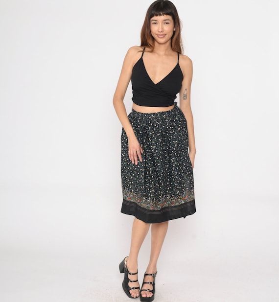 Floral Animal Skirt 80s Bunny Squirrel Racoon Snail Print Faux Wrap Ditsy Midi Skirt Boho Summer Festival Black Vintage 1980s Extra Small xs