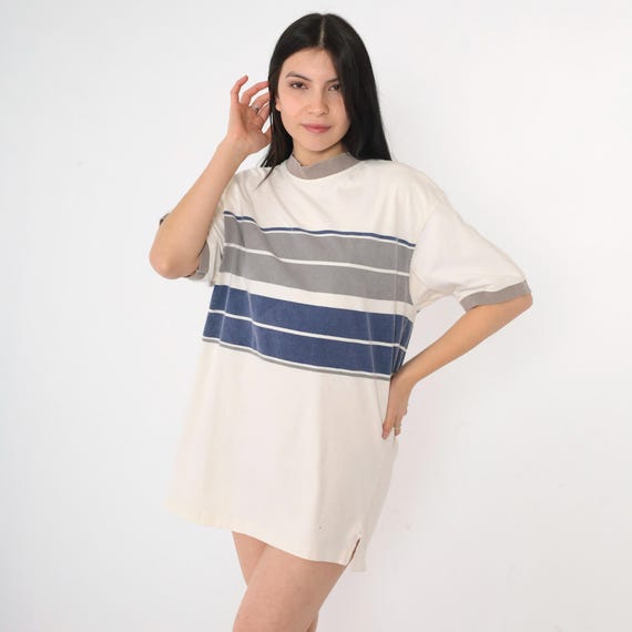 Vintage Off-White Striped T Shirt 90s Grey Ringer Tee 90s Retro Tee Normcore Short Sleeve 1990s Distressed Oversized Large L