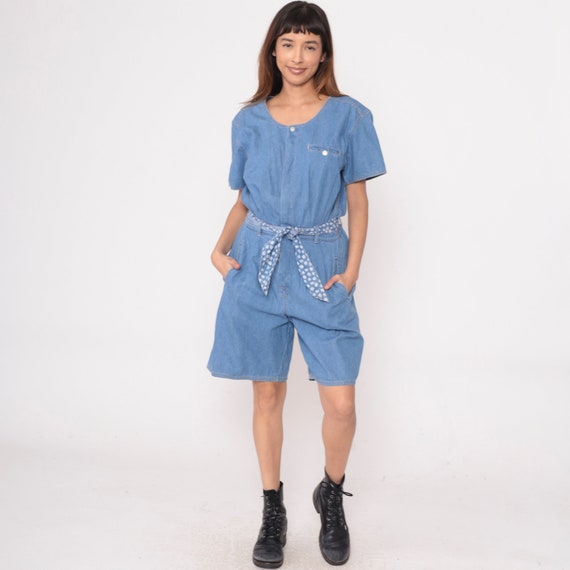 90s Denim Romper Gloria Vanderbilt Button Up Playsuit Blue Jean Shorts Wide Leg One Piece 1990s Vintage Short Sleeve Cotton Small Medium