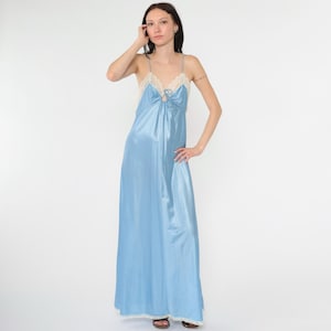 Vintage Blue Negligee Nightgown Lingerie Lace Slip Dress 70s 80s Maxi Nylon Keyhole Deep V Neck Empire Waist Spaghetti Strap Low Back Medium