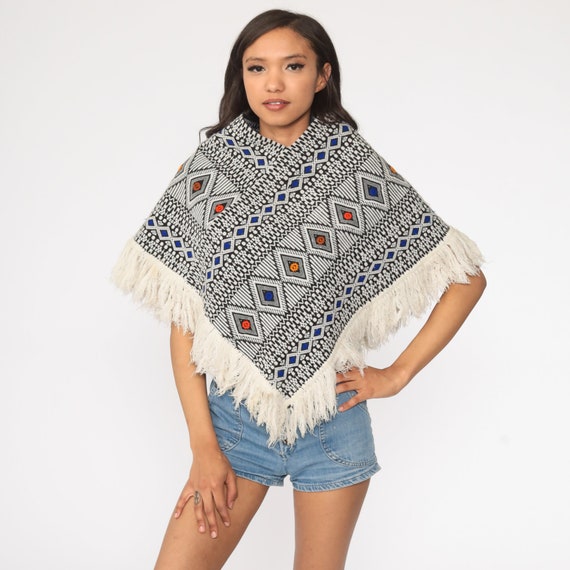 Embroidered Poncho Aztec MEXICAN Shawl FRINGE Cap… - image 2