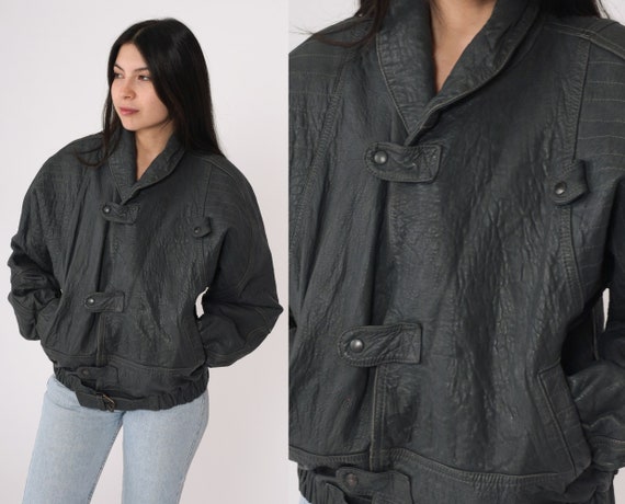Charcoal Leather Jacket 80s MOTORCYCLE Jacket Biker Jacket 1980s Vintage Moto Punk Rock Coat Dark Grey Button Up Oversized Large L