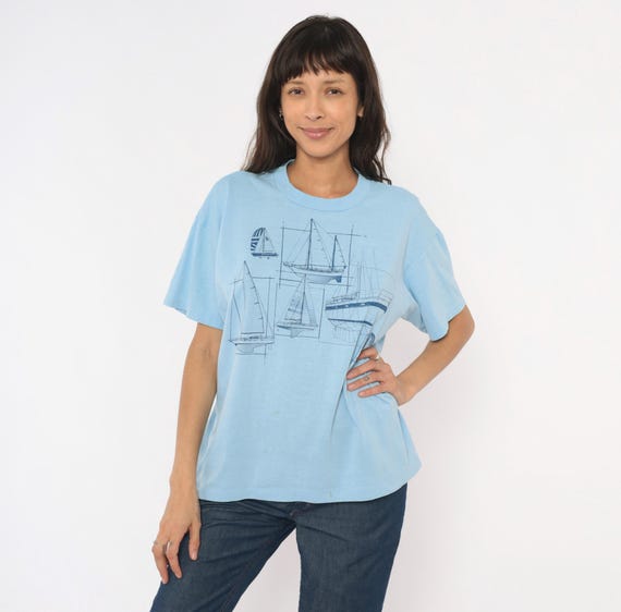80s Sailboat Blueprint Tee Paint Splatter Nautical Graphic Shirt Sky Blue Navy Sailing Boat Coastal Beach Summer Vintage Extra Large XL