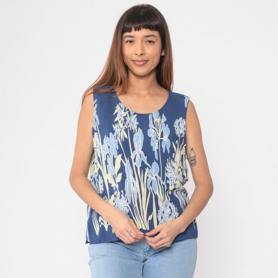 Blue Floral Tank Top 90s Sleeveless Blouse Iris Flower Print Shirt Hippie Boho Summer Top Girly Retro Bohemian Vintage 1990s Extra Large xl