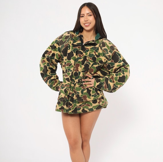 Duck Camo Hunting Jacket 90s Saf T Bak Hooded Field Coat Quilted Shoulder Camouflage Green Brown  Military Utility Outdoor Vintage Large L