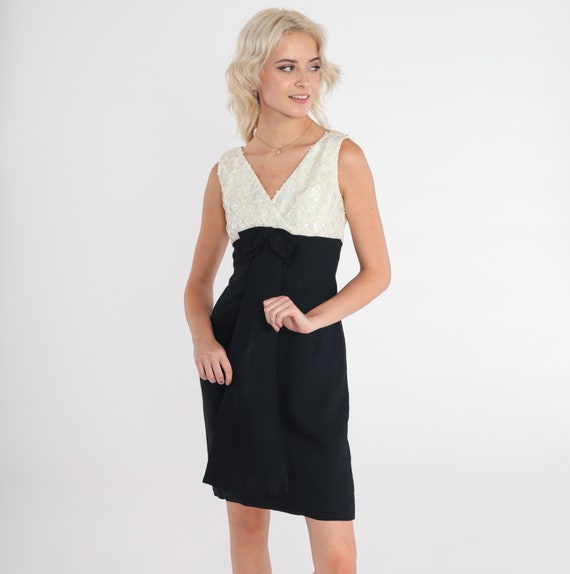 60s Party Dress Sequin Bow Cocktail Dress Black Off White Mini Empire Waist V Neck Formal Evening Sleeveless Vintage 1960s Extra Small xs