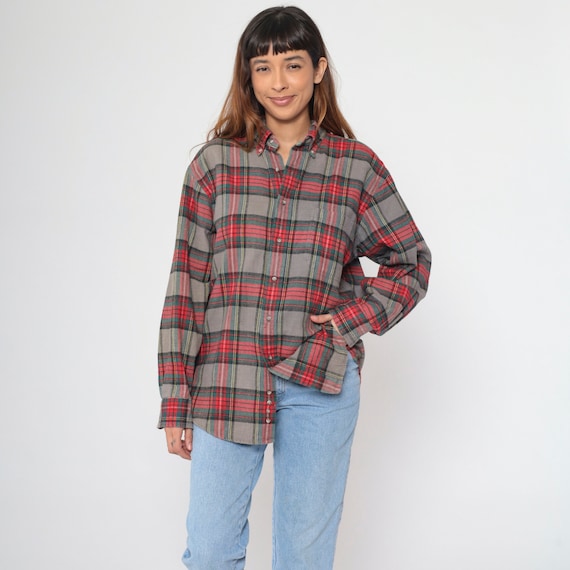 Grey Plaid Flannel Shirt 90s Button Up Shirt Grunge Red Green Checkered 1990s Vintage Oversized Long Sleeve Men's Medium R 15-15 1/2