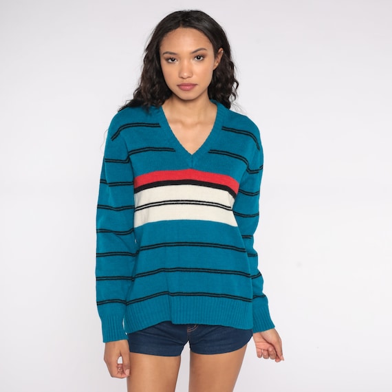 Turquoise Striped Sweater Knit V Neck 80s Slouchy Pullover Red White Black Stripes Le Tigre Oversized 1980s Vintage Knitwear Medium M