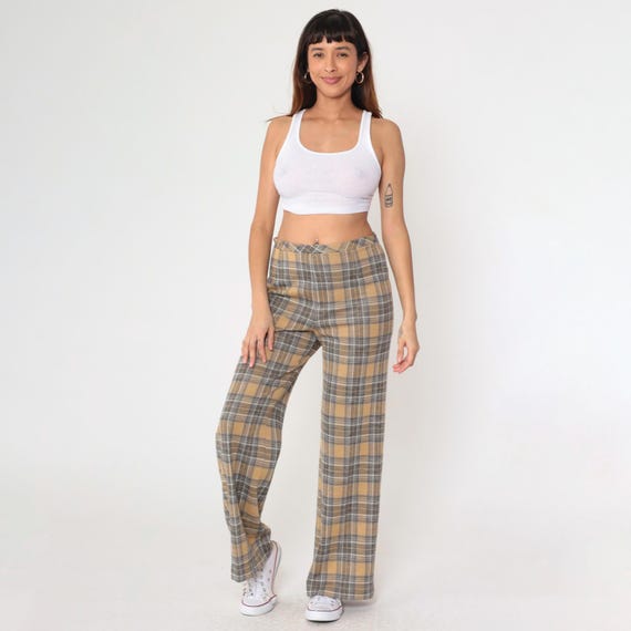 70s Plaid Wide Leg Pants Vintage Grey Tan High Waisted Trousers Checkered Print Straight Leg Retro Preppy Slacks 1970s Medium Large