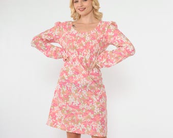 Vintage Floral Babydoll Dress 70s Puff Sleeve Mini Smocked Boho Dress Empire Waist Mod 1970s Bohemian Hippie Minidress Pink White Small