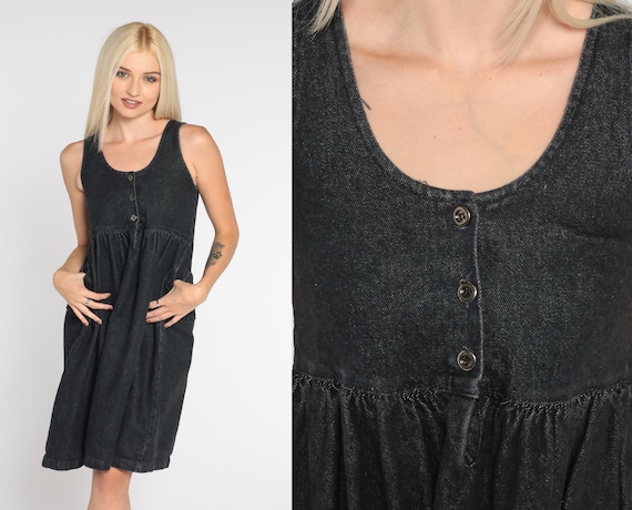 Black Denim Dress 90s Babydoll Dress Mini Jean Dr… - image 1