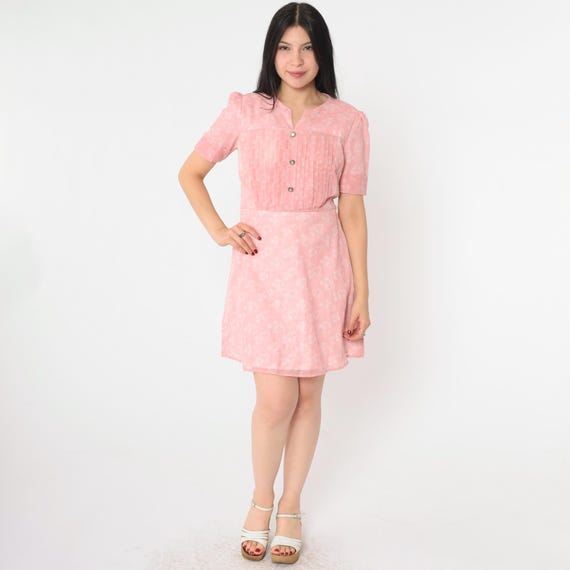 70s Floral Dress Pink Mod Mini Puff Sleeve Dress Boho Hippie Pleated High Waist Vintage Bohemian 1970s Minidress Small S