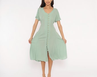Vestido verde menta de los 90 con botones delanteros, manga corta, escote corazón, cintura con lazo en la espalda, corte en A, estilo vintage, estilo pradera, para mujer, talla M.