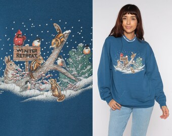 Winter Animal Sweatshirt Blue Snow Bunny Rabbit Squirrel Birds Graphic Sweater 80s Animal Print Vintage 90s Grandma Retro Mock Neck Large L